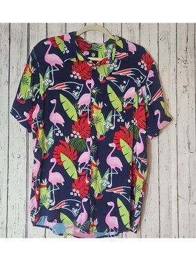 NFL Team Apparel New England Patriots Mens Hawaiian Shirt Large Flamingo Print